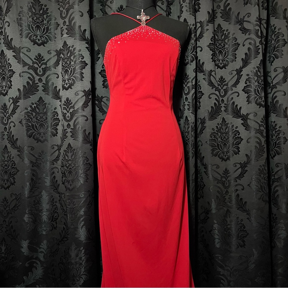 Morgan & Co. Red Halter Maxi Dress with Crystal Detail